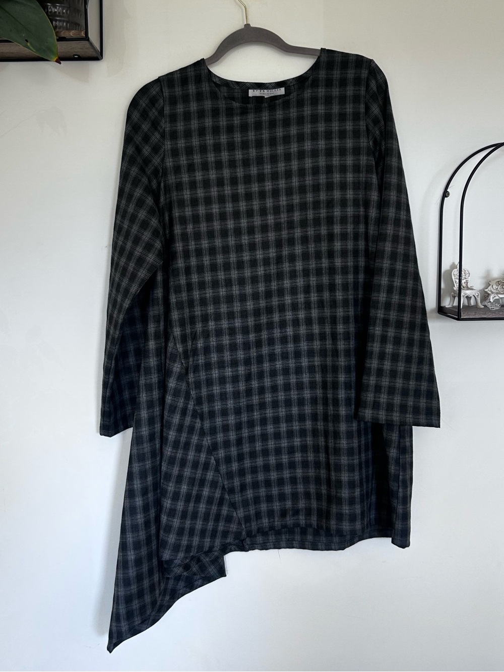 Bryn Walker Gray Plaid Sway Asymmetrical Long Sleeve Tunic Top Size Large